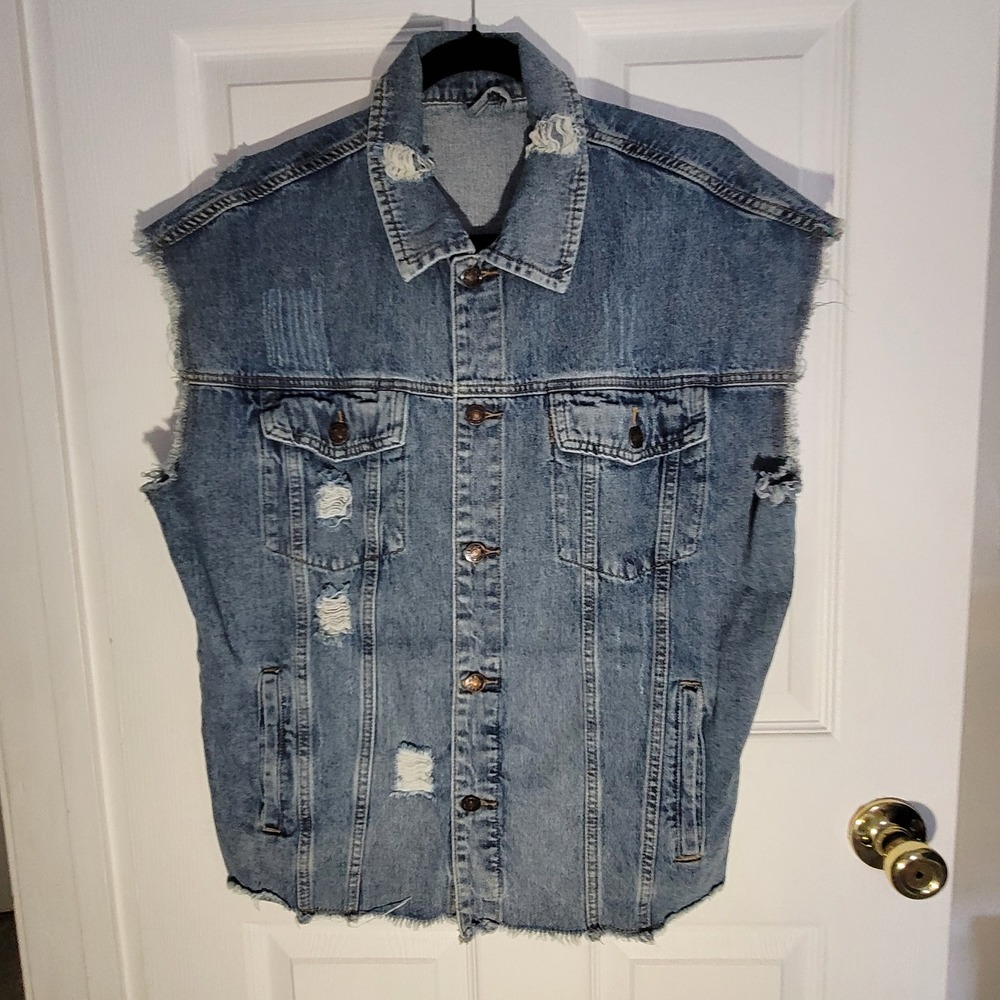 Unbranded Denim Vest Mens XL Distressed Frayed Hem Sleeveless Trucker Jacket